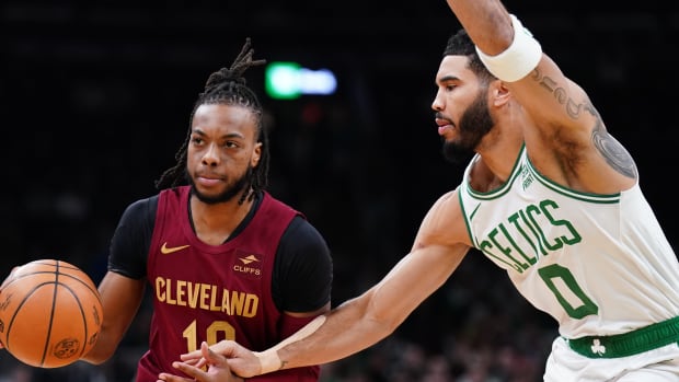 Dec 14, 2023; Boston, Massachusetts, USA; Cleveland Cavaliers guard Darius Garland (10) drives the ball against Boston Celtics forward Jayson Tatum (0) in the first quarter at TD Garden.